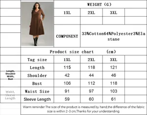 Detailed size chart for plus size V-neck dress from 1XL to 3XL with fabric composition