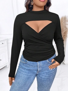 Slim fit black long sleeve top with high neck cutout and ruched front detail