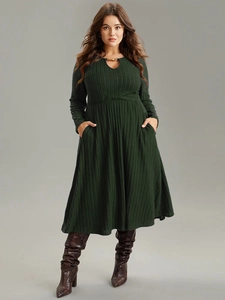 Robe Maxi Élégante en Maille pour Femmes Grandes Tailles Col en V Manches Longues Nervurées Taille Haute Mincissante Vert Armée