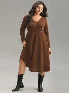 Elegant plus size deep brown V-neck knit midi dress with side button details and long sleeves