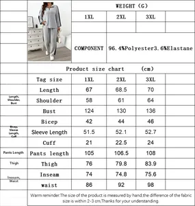 Size chart detail for casual two-piece lounge set with measurements in centimeters