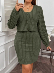 Green ribbed knit two-piece dress set with V-neck cardigan and bodycon mini skirt