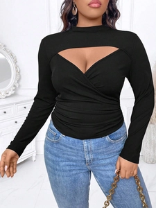 Women Plus Size Sexy Deep V Neck Cutout Long Sleeve Top Ribbed Knit Wrap Ruched Slim Fit Solid Color Black T-Shirt