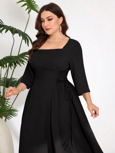 Elegant black plus size square neck midi dress with ruched side drawstring detail