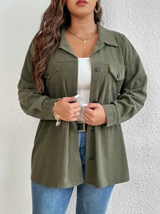 Women's army green corduroy shirt jacket with front buttons and chest pockets