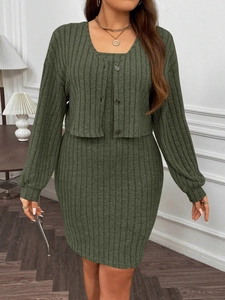 Olive green rib-knit two-piece set featuring a V-neck cardigan and matching midi skirt