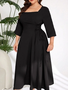 Elegant plus size black midi dress featuring a square neck and side drawstring details