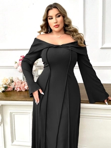 Elegant plus size black off-shoulder long dress with ribbed texture and front seam detail