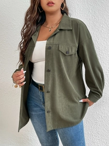 Women's army green corduroy shirt jacket with single chest pocket and button front