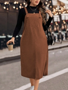 Relaxed fit brown corduroy pinafore midi dress with square neck and button straps
