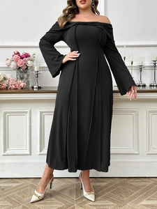 Women Plus Size Off-The-Shoulder Long Sleeve Midi Dress Ribbed Knit Elegant Black Bodycon Dress For Casual Party Event