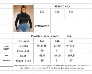 Size guide for plus size high neck slim fit top showing measurements from 1XL to 3XL