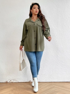 Plus size olive green corduroy shirt jacket for women with long sleeves and front buttons