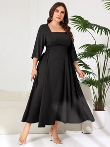 Elegant black plus size square neck midi dress with adjustable side waist drawstrings