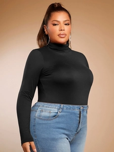Slim fit black high-neck long-sleeve top for plus-size women with high elasticity fabric