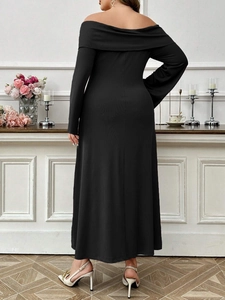 Elegant off-shoulder black knit maxi dress for women featuring long sleeves and sleek back view