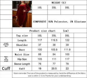 Size guide for wine red elegant evening dress showing 1XL to 3XL measurements in cm