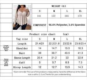 Size chart for women's slim fit top with fabric details in polyester and spandex