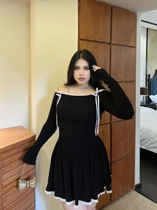 Plus Size Women Black Off-Shoulder Mini Dress Long Sleeve Lace Trim Bow Detail Slim Fit Pleated Knit Sexy Party Dress