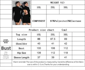 Size chart for black bodycon mini dress showing 1XL-3XL measurements and fabric details