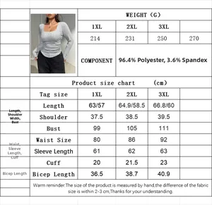 Detailed size chart for plus-size long sleeve top with measurements in cm and grams