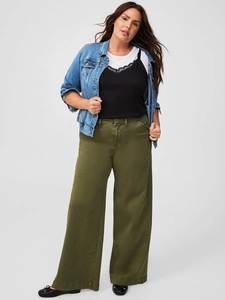 Women's plus size casual outfit featuring black lace camisole and olive wide leg pants