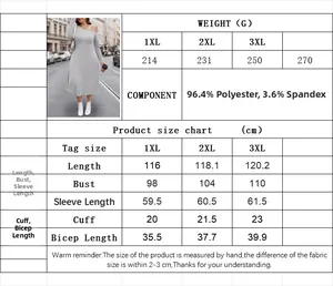 Detailed plus size dress size chart with measurements and fabric composition in English