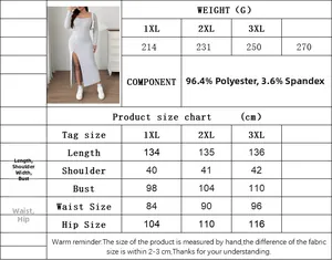 Size chart and weight details for women's plus size knit dress with split hem and fabric info