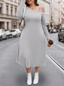 Women Plus Size Elegant Asymmetrical One Shoulder Knit Midi Dress Long Sleeve Ribbed Solid Color Dress With Metal Buckle