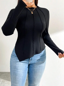 Slim fit black long sleeve top with ribbed texture and asymmetrical hem for women