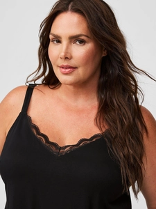 Black V-neck camisole for women featuring delicate lace trim and a slim-fit silhouette
