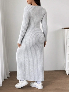 Slim fit light grey ribbed maxi dress with long sleeves and side slit detail