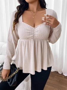 Plus Size Women Elegant Sweetheart Neck Ribbed Knit Top Slim Fit Peplum Long Sleeve T-Shirt Solid Color Beige Casual Blouse