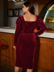 Elegant wine red velvet midi dress featuring stylish puff sleeves and a square neckline