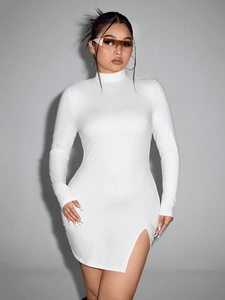 Elegant white slim fit long sleeve mini dress with a high neck and side slit detail