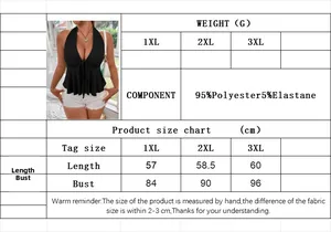 Size chart for plus size V-neck halter top showing 1XL-3XL measurements and fabric info