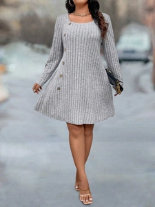 Elegant grey square neck long sleeve knit dress with decorative buttons and A-line silhouette