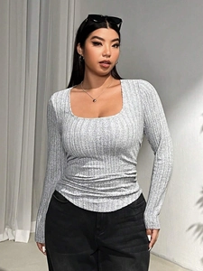Slim fit light grey ribbed knit long sleeve top with square neck and curved hem