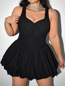 Robe Grande Taille Femme Sans Manches Col en V Froncé Haut en Maille Côtelée Taille Haute Ourlet Boule Mini Robe de Soirée Noire