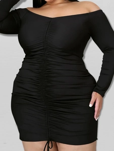 Sexy black off-shoulder long sleeve ruched bodycon mini dress for plus size women