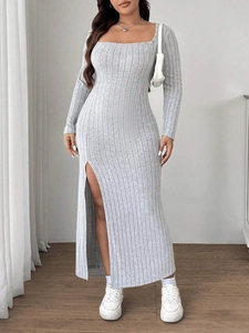 Slim fit grey ribbed knit maxi dress with square neck and side slit detail for women
