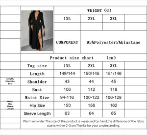 Detailed size chart for the elegant V-neck maxi dress with high slit and long sleeves