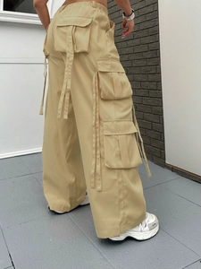 Damen Plus Size Khaki Cargo Hose Hohe Taille Weites Bein Streetwear Lange Hose Mit Vielen Taschen Und Zierbändern