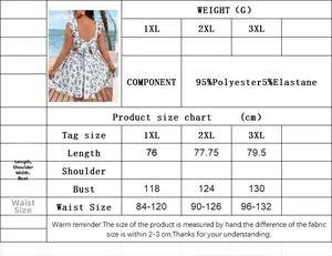Detailed size chart for plus size floral dress showing measurements in centimeters