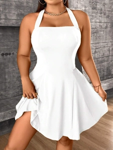 Women Plus Size Halter Mini Dress Sexy Backless Bow Knot A-Line Short Dress Solid White Summer Party Wear Sleeveless Sundress