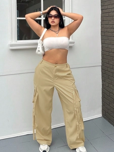 Damen High-Waist Cargo-Hose mit weitem Bein in Hellkhaki, Taschen und Band-Detail