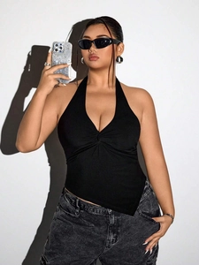 Women Plus Size Sexy Halter Neck Crop Top Black Knot Ruched Design Sleeveless Backless V Neck Summer Fashion T-Shirt Top
