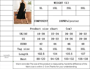 Size guide for plus size women's midi dress with US, UK, EU measurements and material data