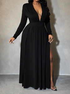 Elegant black long sleeve maxi dress with deep V-neck and high side split for party wear