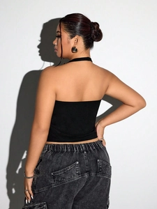 Sexy black halter neck crop top with backless V-neck design for women casual fashion